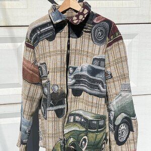 Handmade Vintage Cars + Winter Scene Zip-Up Tapestry Jacket
